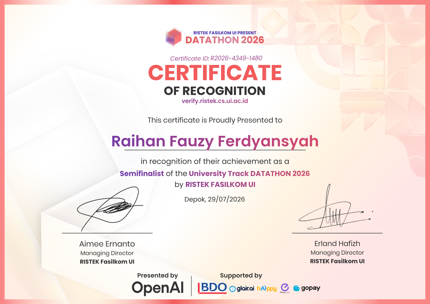 Certificate of Recognition for Raihan Fauzy Ferdyansyah as Semifinalist, University Track DATATHON 2026, RISTEK Fasilkom UI. Certificate R2026-4349-1480, issued 29 July 2026.