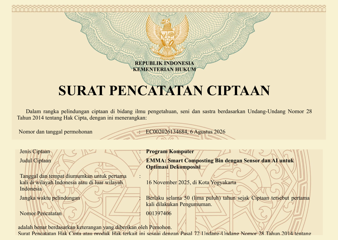 Public-safe excerpt of the Indonesian software copyright record for EMMA Smart Composting