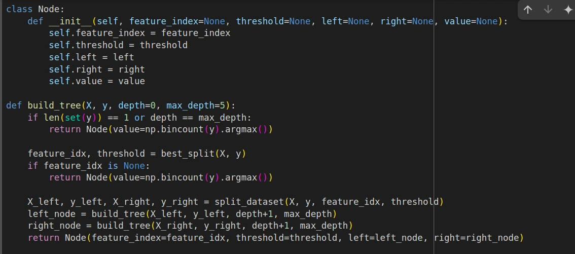 Python Node class and recursive Decision Tree construction used in the EMMA capstone