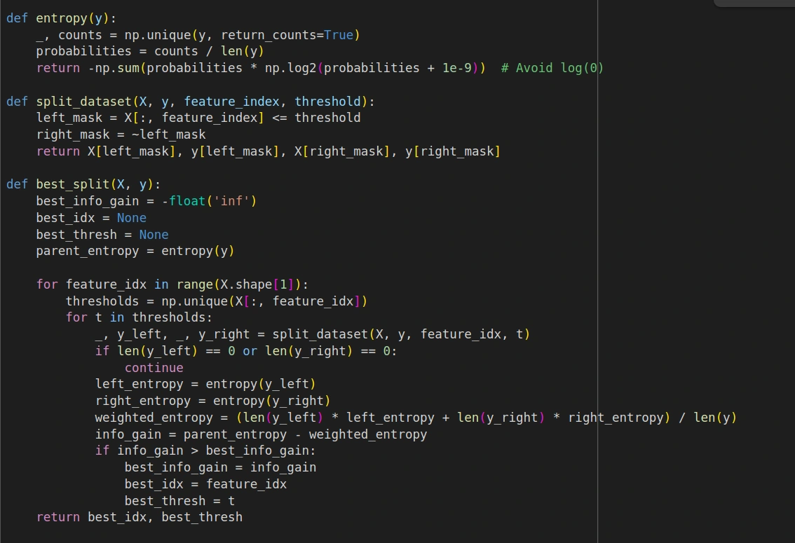 Python implementation of entropy, dataset splitting, and information-gain search for EMMA Decision Tree