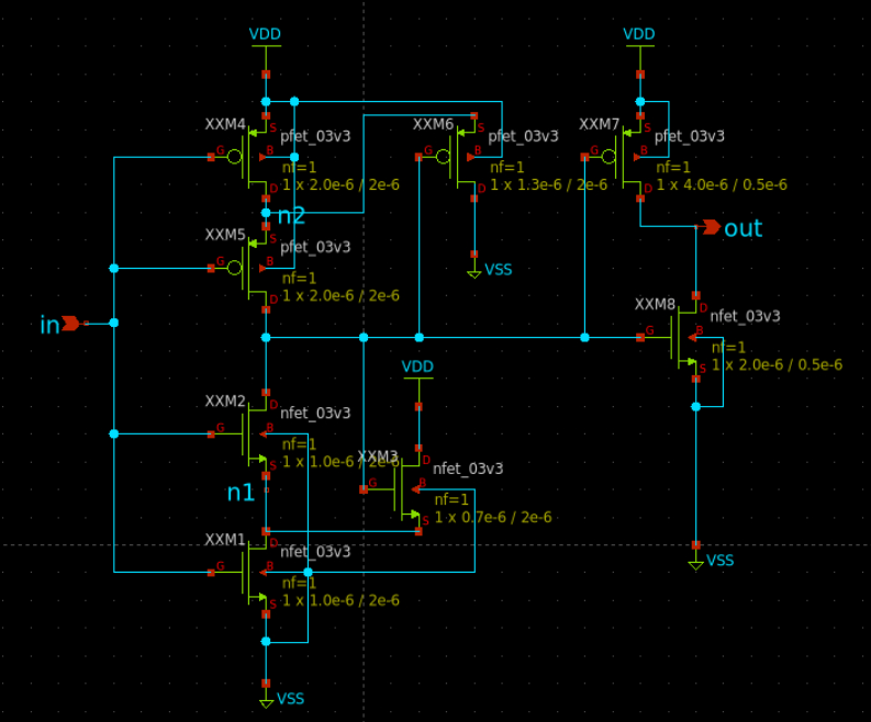 Xschem schematic of the GF180MCU 8T CMOS Schmitt trigger