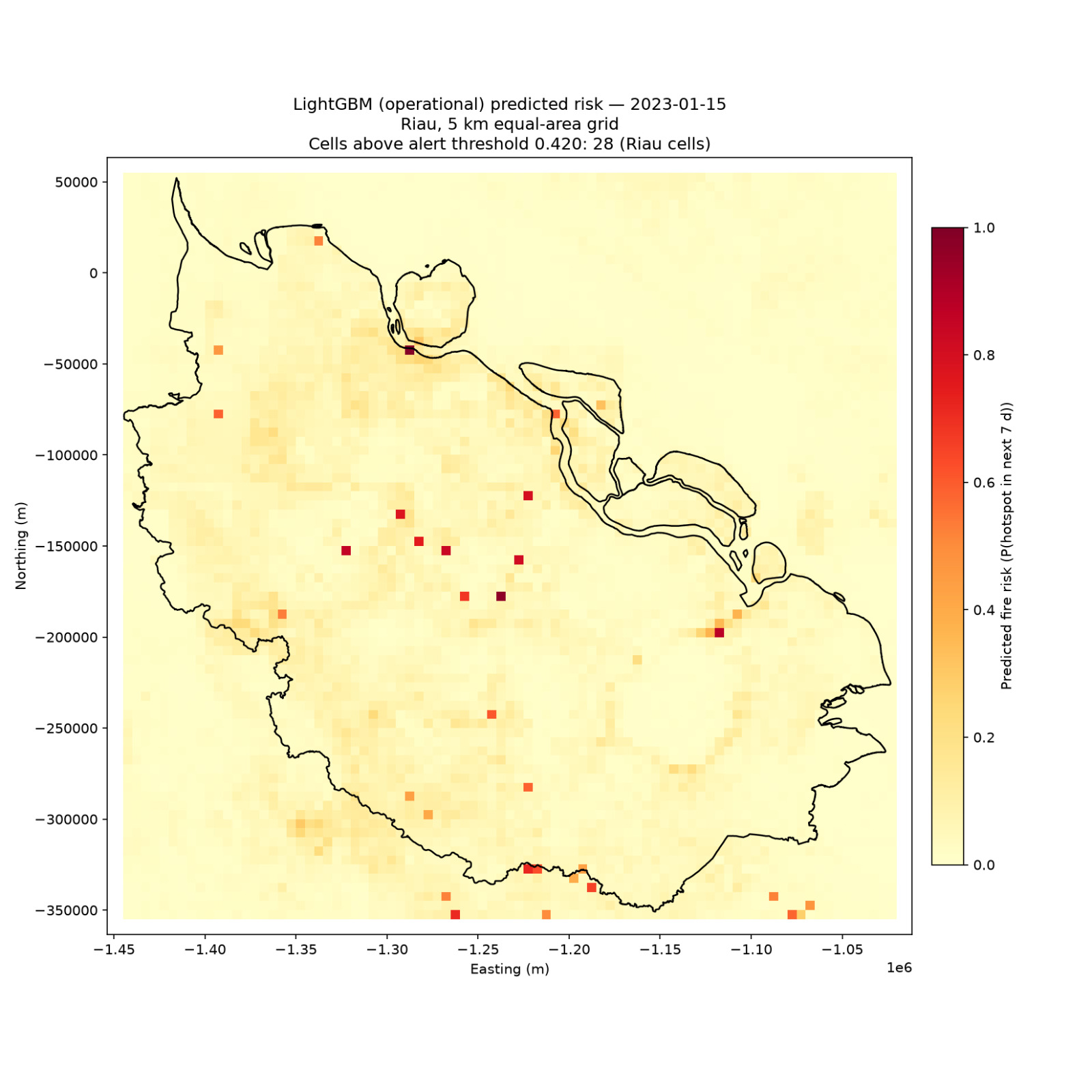 LightGBM wildfire risk map for Riau on 15 January 2023