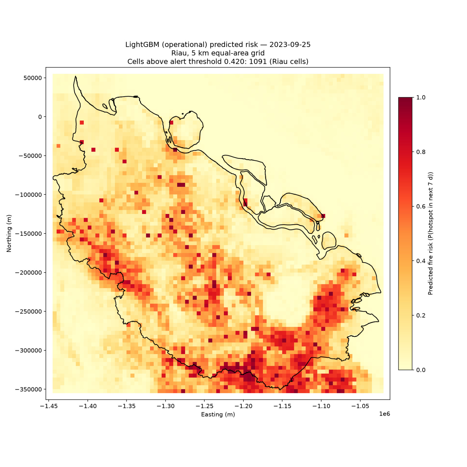 LightGBM wildfire risk map for Riau on 25 September 2023