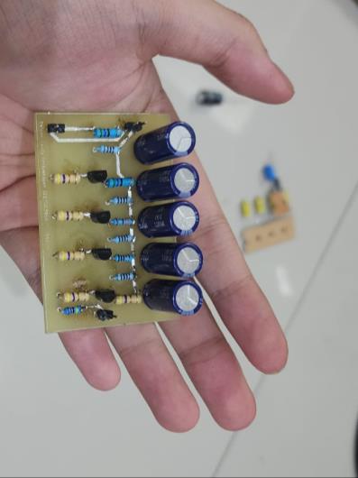 Fabricated and assembled four-stage BJT amplifier PCB