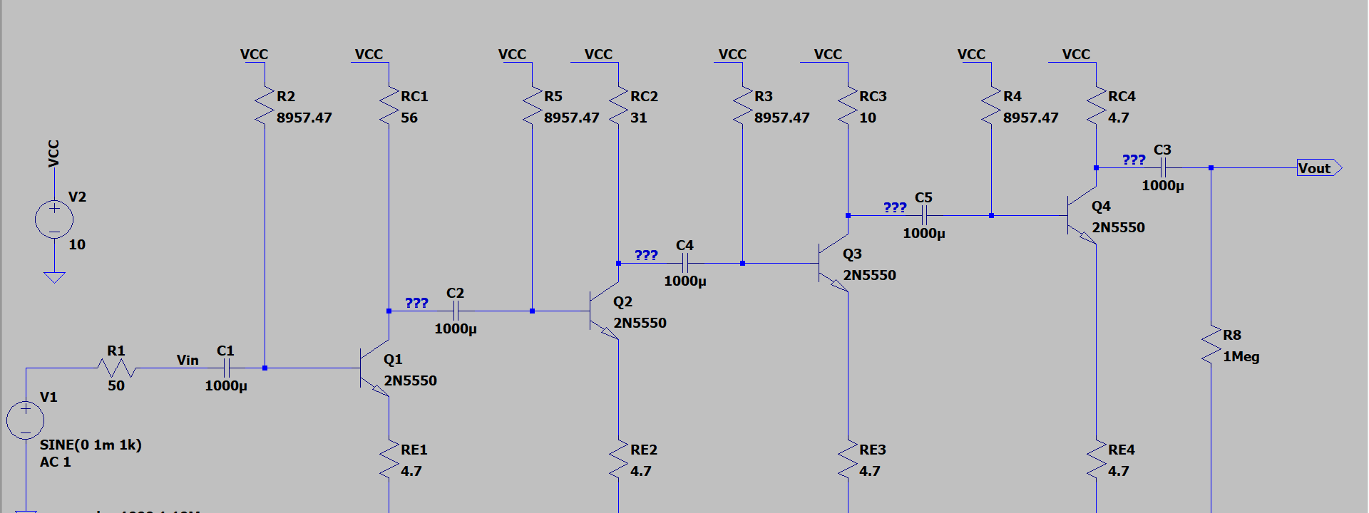 LTspice schematic of the four-stage 2N5550 BJT amplifier